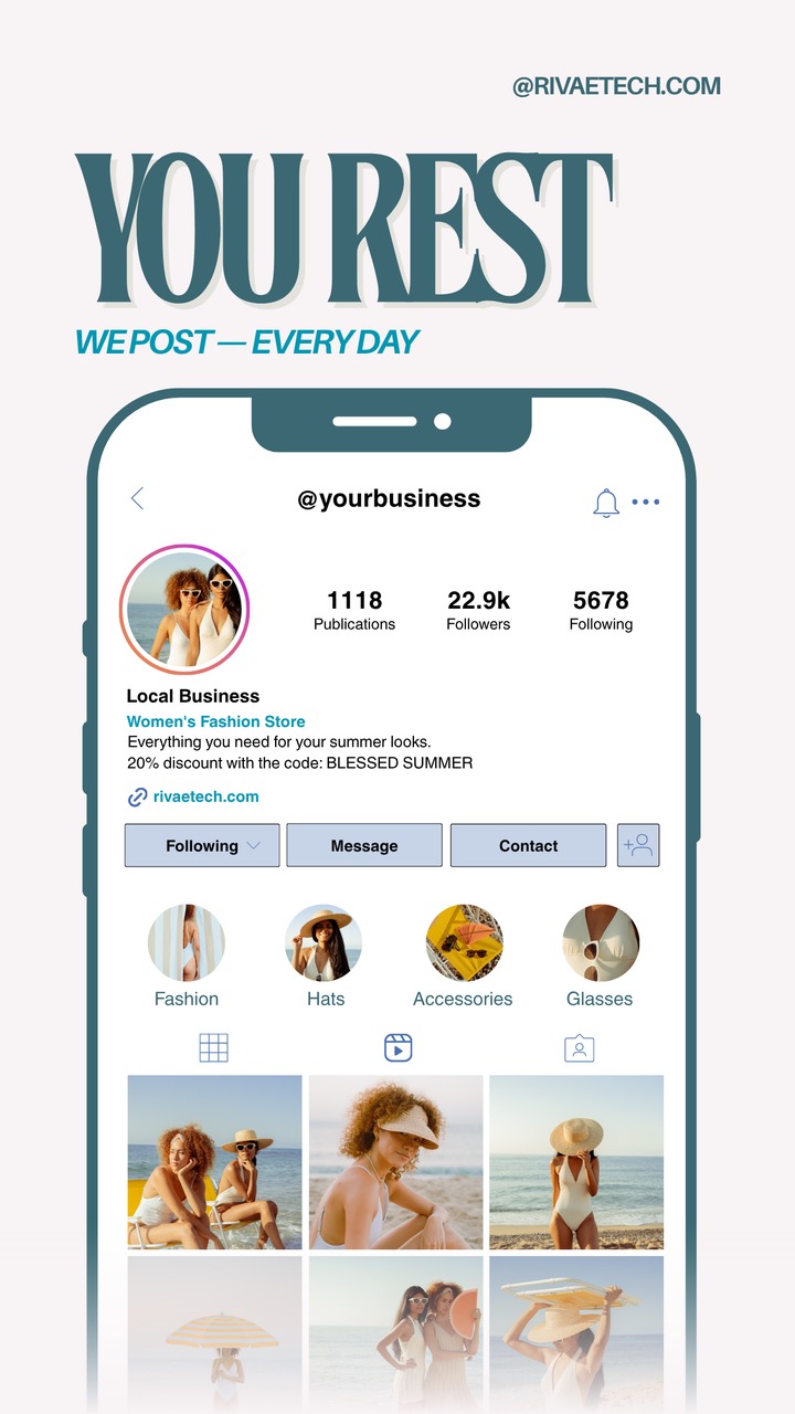 An Instagram business profile with a full grid of recent posts, kept updated daily by Rivae Social.